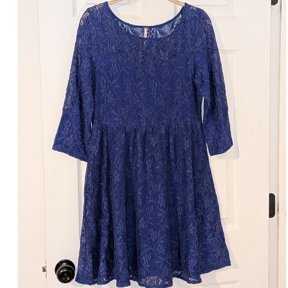 Free People Royal Blue Floral Lace Fit and Flare‎ 3/4 Sleeve Mini Dress Small - Picture 6 of 10